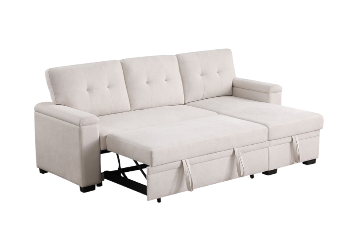 Premium Beige Woven Fabric Reversible Sleeper Sectional with Storage Chaise - Multi-Functional Living Room Furniture Set