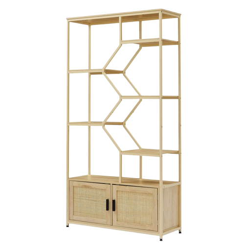 Rattan bookshelf 5 tiers Bookcases Storage Rack with cabinet for Living Room Home Office