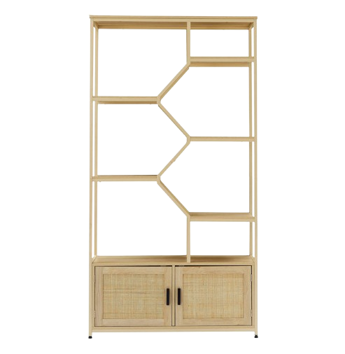Rattan bookshelf 5 tiers Bookcases Storage Rack with cabinet for Living Room Home Office