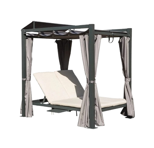Aluminum Outdoor Patio Daybed – 2-Person Adjustable Lounger with Canopy Curtains, Cushions & Hidden Table | Trufairs