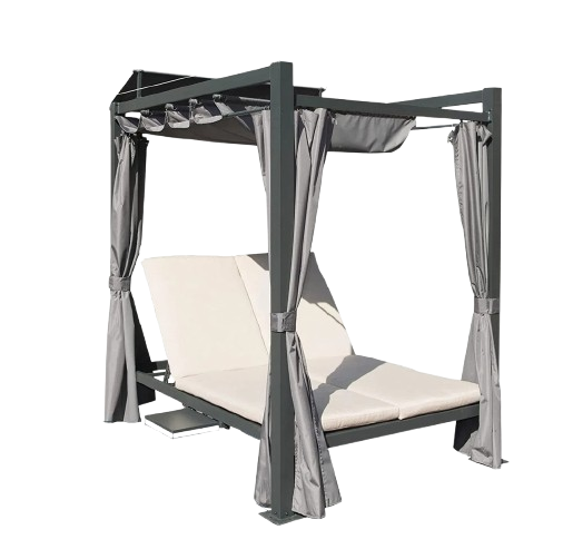 Aluminum Outdoor Patio Daybed – 2-Person Adjustable Lounger with Canopy Curtains, Cushions & Hidden Table | Trufairs