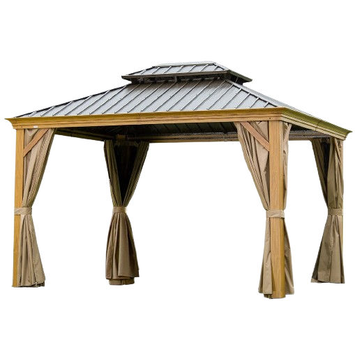 Premium 12' x 14' Hardtop Gazebo - Wood-Looking Aluminum Frame with Galvanized Steel Double Roof, Permanent Outdoor Metal Pavilion with Privacy Curtains & Netting for Patio, Deck & Lawn
