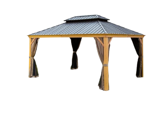 Premium 12' x 14' Hardtop Gazebo - Wood-Looking Aluminum Frame with Galvanized Steel Double Roof, Permanent Outdoor Metal Pavilion with Privacy Curtains & Netting for Patio, Deck & Lawn