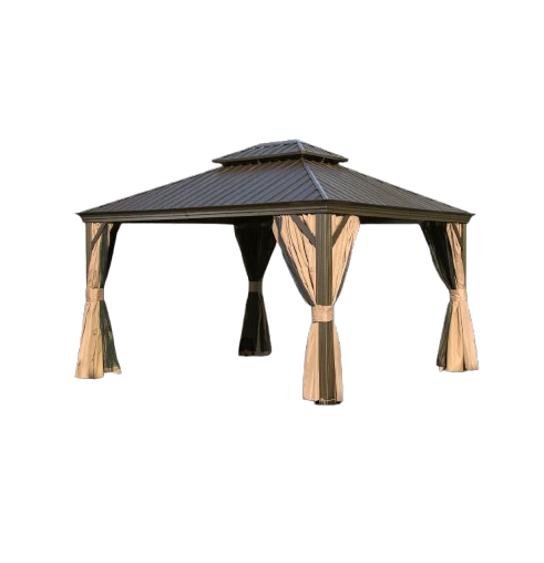 Premium 12' x 14' Hardtop Gazebo - Outdoor Aluminum Frame Pavilion with Galvanized Steel Double Roof, Privacy Curtains & Netting for Permanent Patio, Backyard & Lawn Installation in Elegant Brown