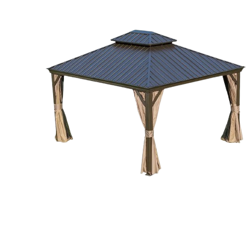 Premium 12' x 14' Hardtop Gazebo - Outdoor Aluminum Frame Pavilion with Galvanized Steel Double Roof, Privacy Curtains & Netting for Permanent Patio, Backyard & Lawn Installation in Elegant Brown