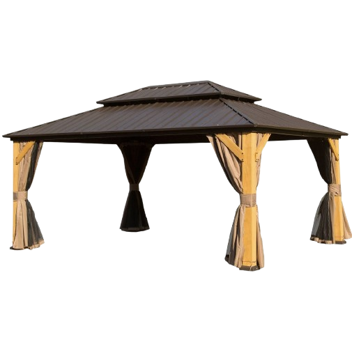 Exclusive 12' x 16' Cedar Wood Gazebo - Premium Solid Wood Hardtop Pavilion with Galvanized Steel Double Roof