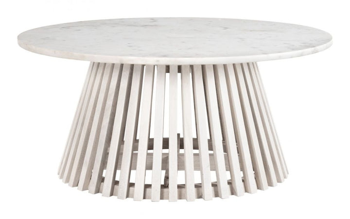 Mazara Coffee Table White & Whitewashed – Round Marble Coastal Coffee Table | Modern Beach Style Furniture | Trufairs