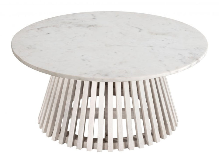 Mazara Coffee Table White & Whitewashed – Round Marble Coastal Coffee Table | Modern Beach Style Furniture | Trufairs