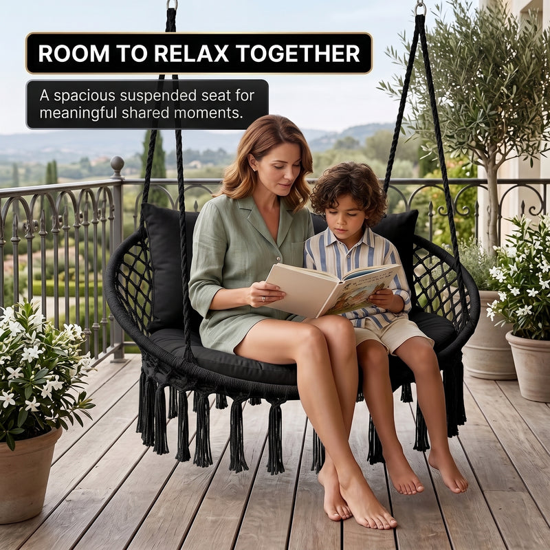 2-Person Hanging Hammock Chair with Cushion – Boho Macrame Swing for Indoor & Outdoor Relaxation - 10