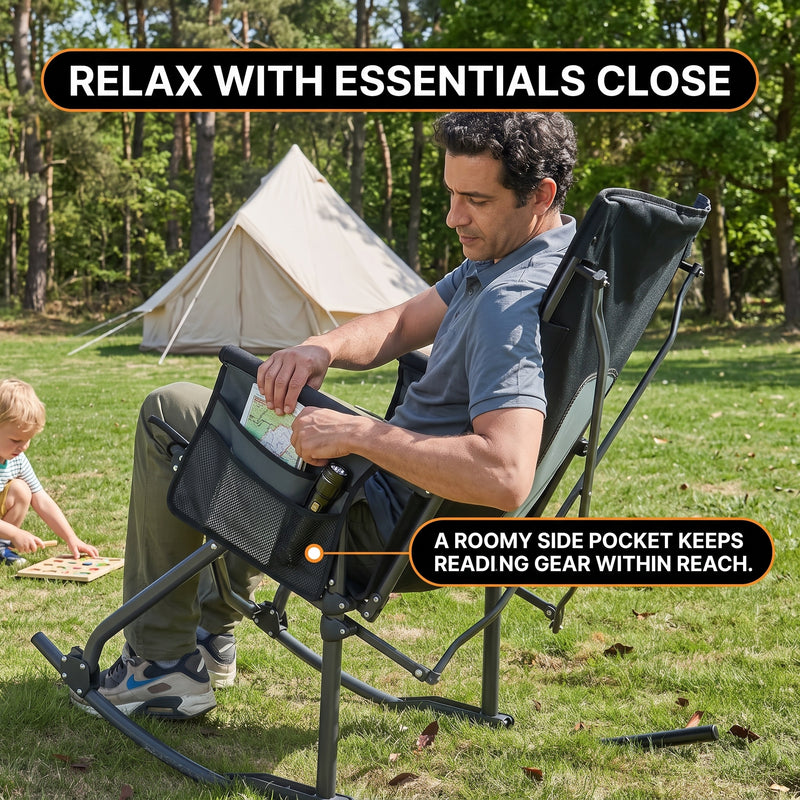 High Back Folding Rocking Camping Chair – Oversized Portable Outdoor Rocker with Cup Holder, Carry Bag & Heavy-Duty Steel Frame - 10
