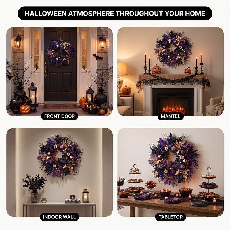 HALLOWEEN WREATH WITH LIGHTS FOR FRONT DOOR – PRE-LIT PUMPKIN, WITCH & GOTHIC PORCH DÉCOR - 10