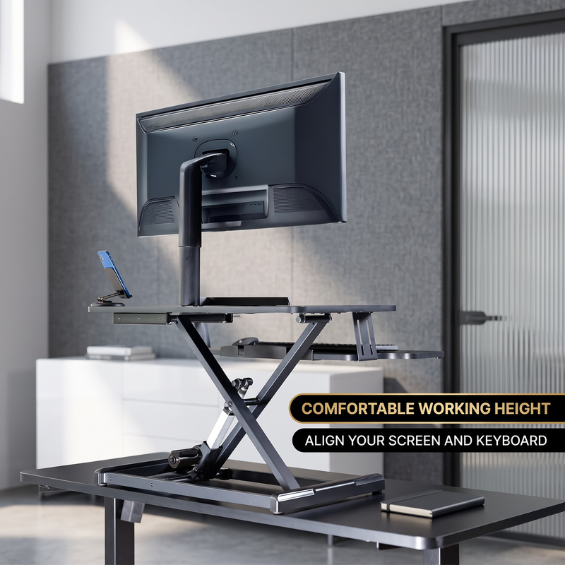 Standing Desk Converter, Height Adjustable Sit to Stand Desk Riser, Pneumatic & Electric Dual Monitor Laptop Workstation with Wide Keyboard Tray - 10