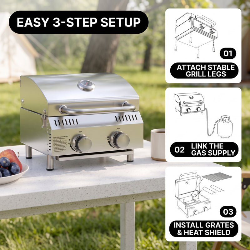 PORTABLE STAINLESS STEEL TABLETOP PROPANE GRILL – 2 & 3 BURNER OUTDOOR BBQ OPTIONS - 10