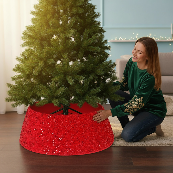 Christmas Tree Stand Cover 22Inch Round Tree Floor Mat Shimmer Tree Cover Mat Sequin Glitter Tree Skirts Vintage Tree Cover