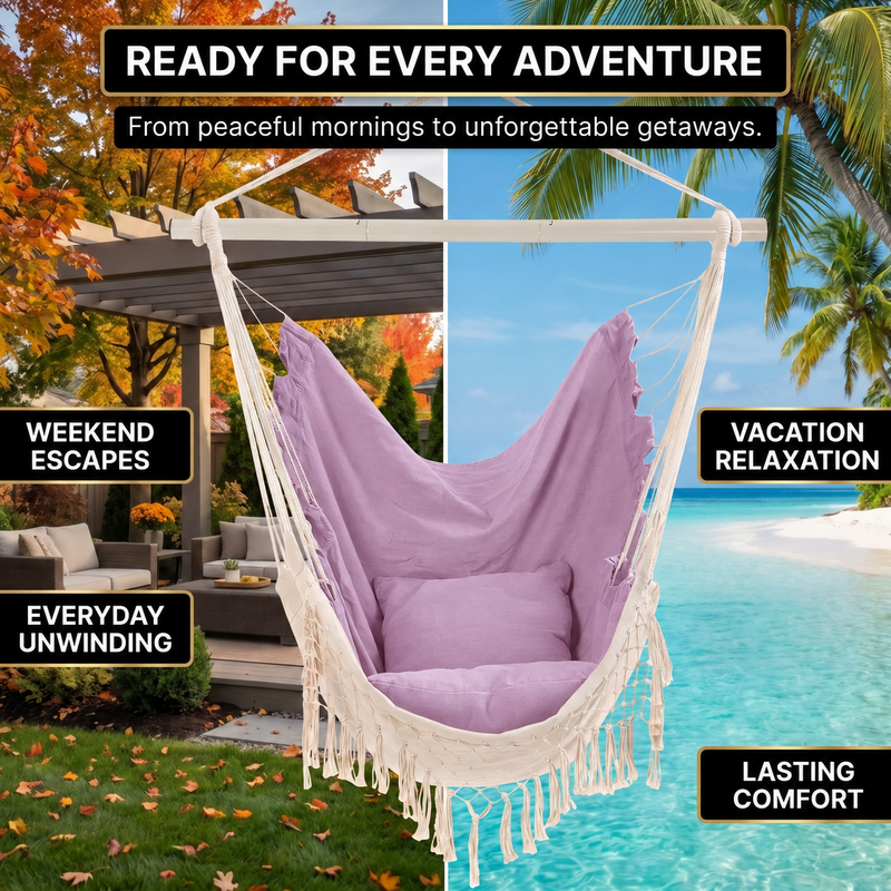Boho Macrame Hammock Chair with Fringe, 2 Cushions & Side Pocket - 10