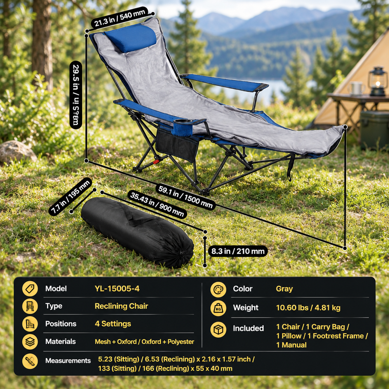 Premium Reclining Camping Chair with Footrest & Headrest – 4-Position Adjustable Recline - 10