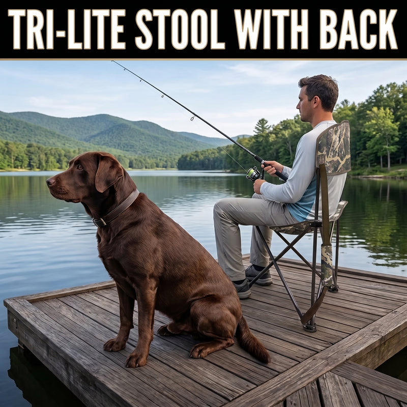 Tri-Lite Stool w/Back, Lightweight Portable Fishing Chair w/Cupholder and Carry Strap, Supports 225-Lb, Portable Outdoor Chair for the Hunting Blind, Camping, Travel, Hiking - 10
