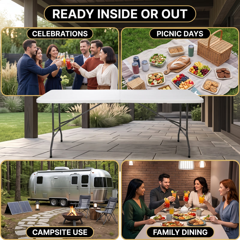 6 FT FOLDING CAMPING TABLE – PORTABLE INDOOR OUTDOOR TABLE WITH WATERPROOF HDPE TOP & CARRY HANDLE - 10