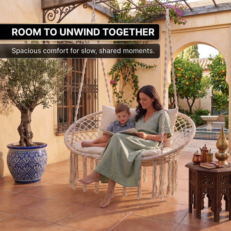 2-Person Hanging Hammock Chair with Cushion – Boho Macrame Swing for Indoor & Outdoor Relaxation - 10