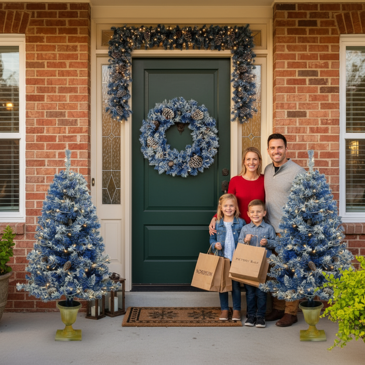 Pre-lit Xmas Tree Artificial Christmas 4-Piece Set,Garland, Wreath and Set of 2 Entrance Trees X-mas with LED Lights, Christmas Tree