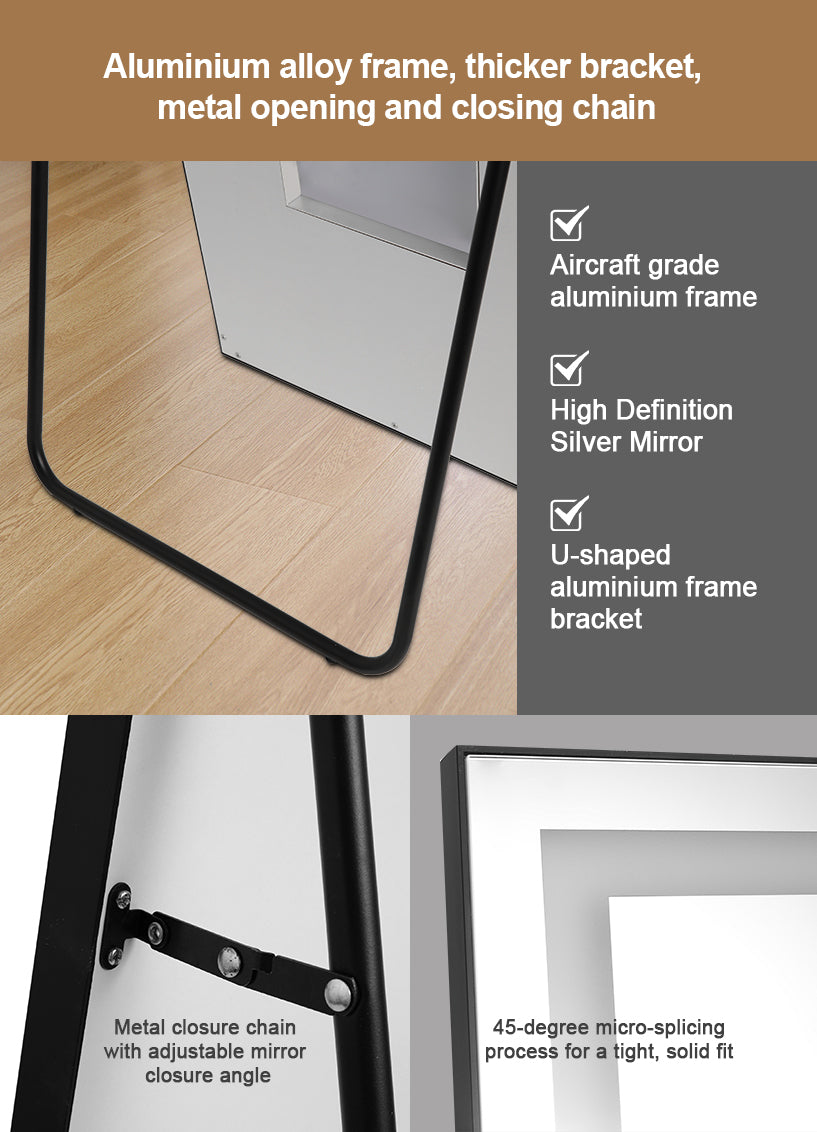 LED Full-Length Floor Mirror with Lights - Tall Standing Dressing Mirror for Bedroom - Large Full Body Lighted Mirror with