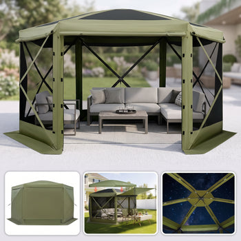 Army green 6-sided pop-up screen gazebo with a sofa set on a backyard patio