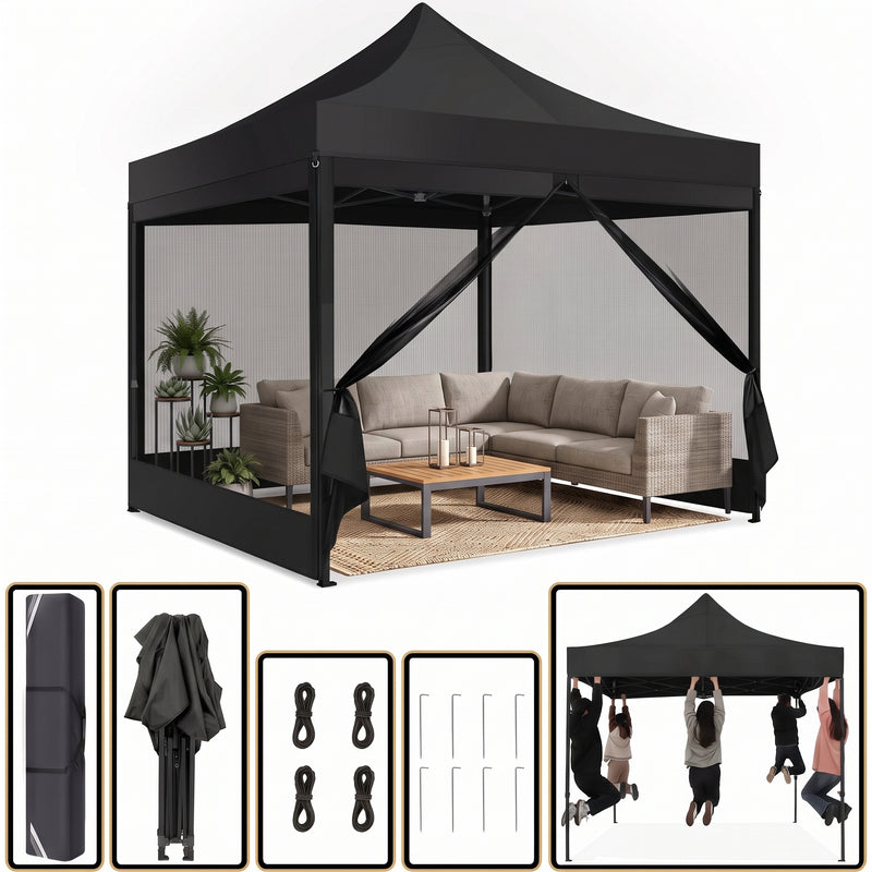 Army green 6-sided pop-up screen gazebo with a sofa set on a backyard patio