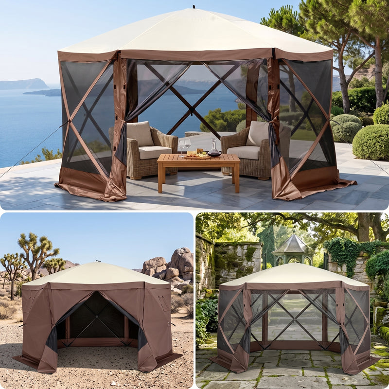 Army green 6-sided pop-up screen gazebo with a sofa set on a backyard patio