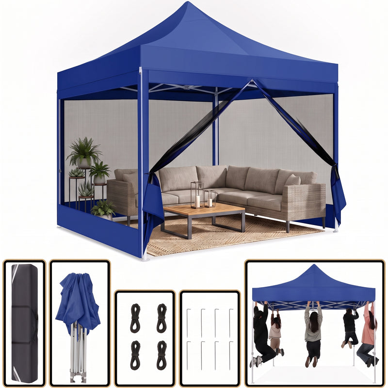 Army green 6-sided pop-up screen gazebo with a sofa set on a backyard patio