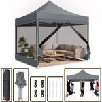 Army green 6-sided pop-up screen gazebo with a sofa set on a backyard patio