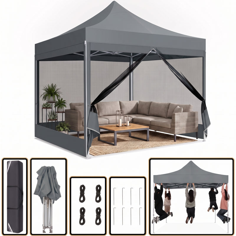 Army green 6-sided pop-up screen gazebo with a sofa set on a backyard patio