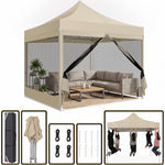 Army green 6-sided pop-up screen gazebo with a sofa set on a backyard patio