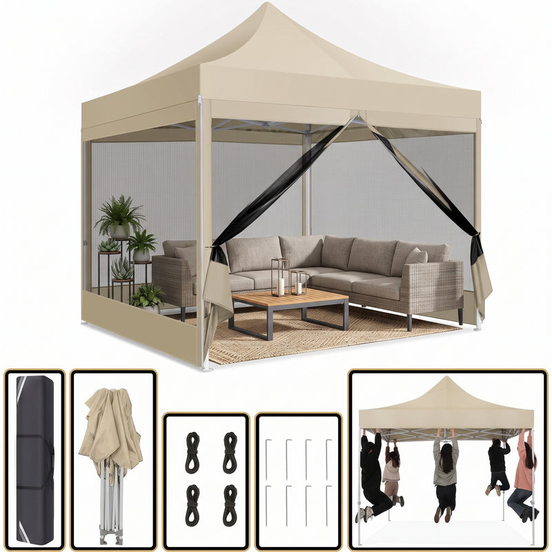 Army green 6-sided pop-up screen gazebo with a sofa set on a backyard patio