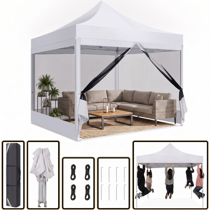 Army green 6-sided pop-up screen gazebo with a sofa set on a backyard patio