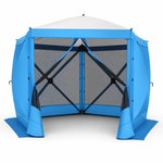 Brown 6-sided pop-up screen tent gazebo with mesh walls and open doorway, front view