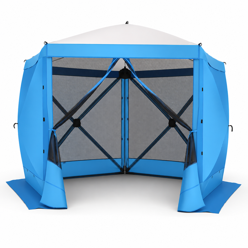 Brown 6-sided pop-up screen tent gazebo with mesh walls and open doorway, front view