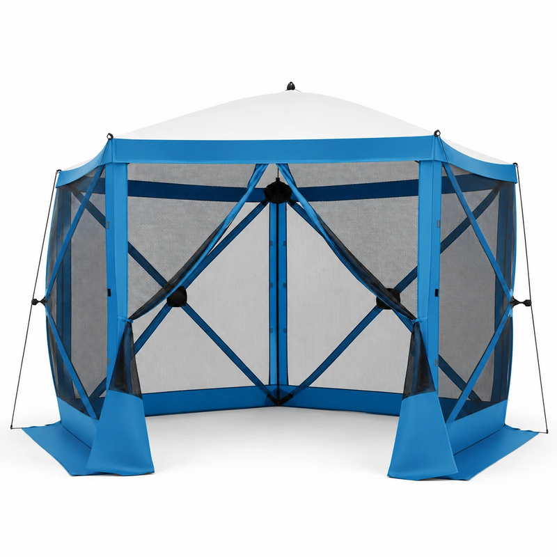 Brown 6-sided pop-up screen tent gazebo with mesh walls and open doorway, front view