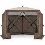 Brown 6-sided pop-up screen tent gazebo with mesh walls and open doorway, front view