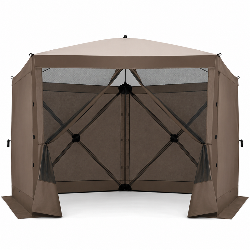 Brown 6-sided pop-up screen tent gazebo with mesh walls and open doorway, front view