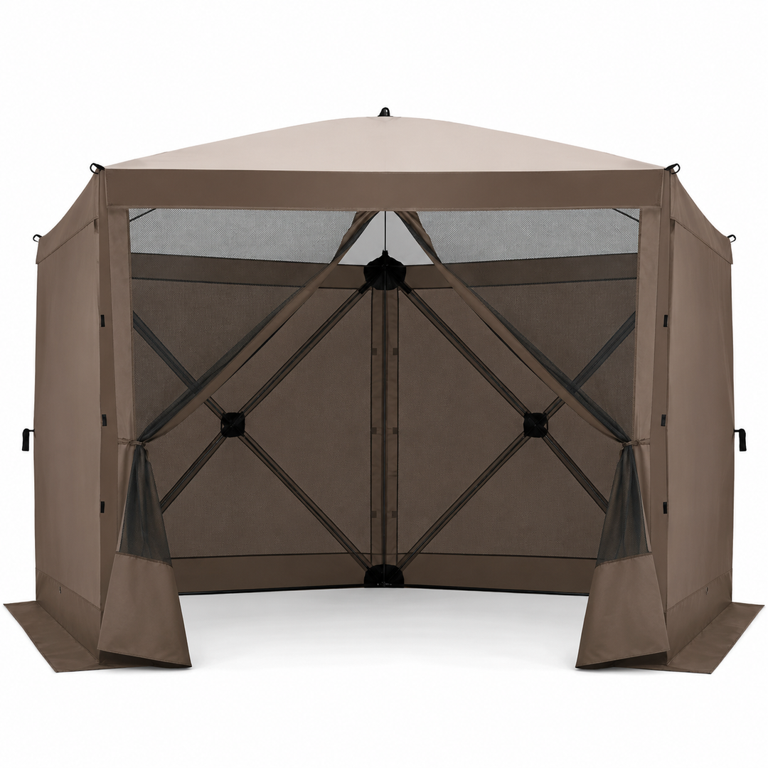 Brown 6-sided pop-up screen tent gazebo with mesh walls and open doorway, front view