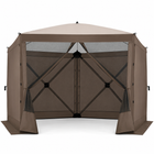 Brown 6-sided pop-up screen tent gazebo with mesh walls and open doorway, front view