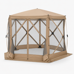Brown 6-sided pop-up screen tent gazebo with mesh walls and open doorway, front view