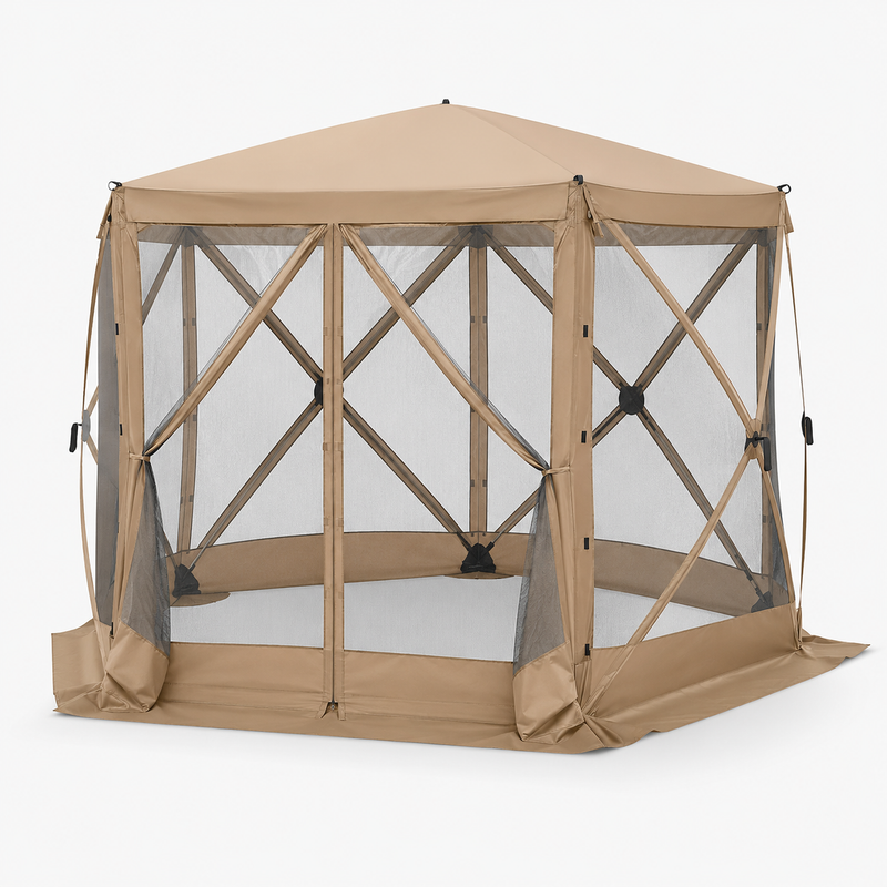 Brown 6-sided pop-up screen tent gazebo with mesh walls and open doorway, front view