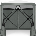 Brown 6-sided pop-up screen tent gazebo with mesh walls and open doorway, front view