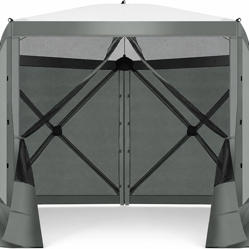 Brown 6-sided pop-up screen tent gazebo with mesh walls and open doorway, front view