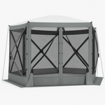 Brown 6-sided pop-up screen tent gazebo with mesh walls and open doorway, front view