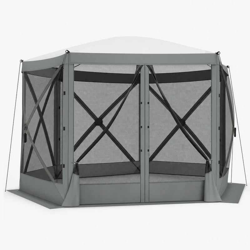 Brown 6-sided pop-up screen tent gazebo with mesh walls and open doorway, front view
