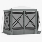 Brown 6-sided pop-up screen tent gazebo with mesh walls and open doorway, front view