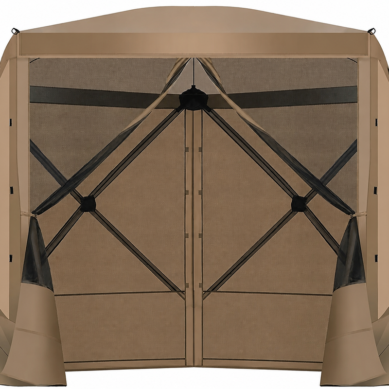 Brown 6-sided pop-up screen tent gazebo with mesh walls and open doorway, front view