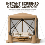 Brown 6-sided pop-up screen tent gazebo with mesh walls and open doorway, front view